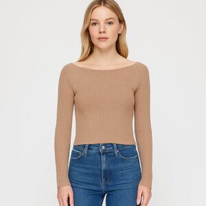 Babaton Aritzia Tan Beige Ribbed Knit Boatneck Sweater Long Sleeve Crop Top XXS